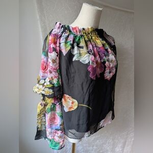 Rarities Floral Black Sheer Slip Cloche Sleeve Blouse